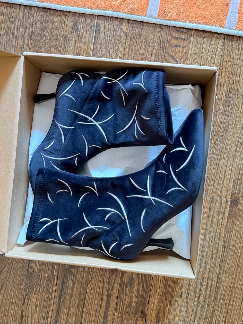 Women's Navy Velvet Embroidered Ankle Boots